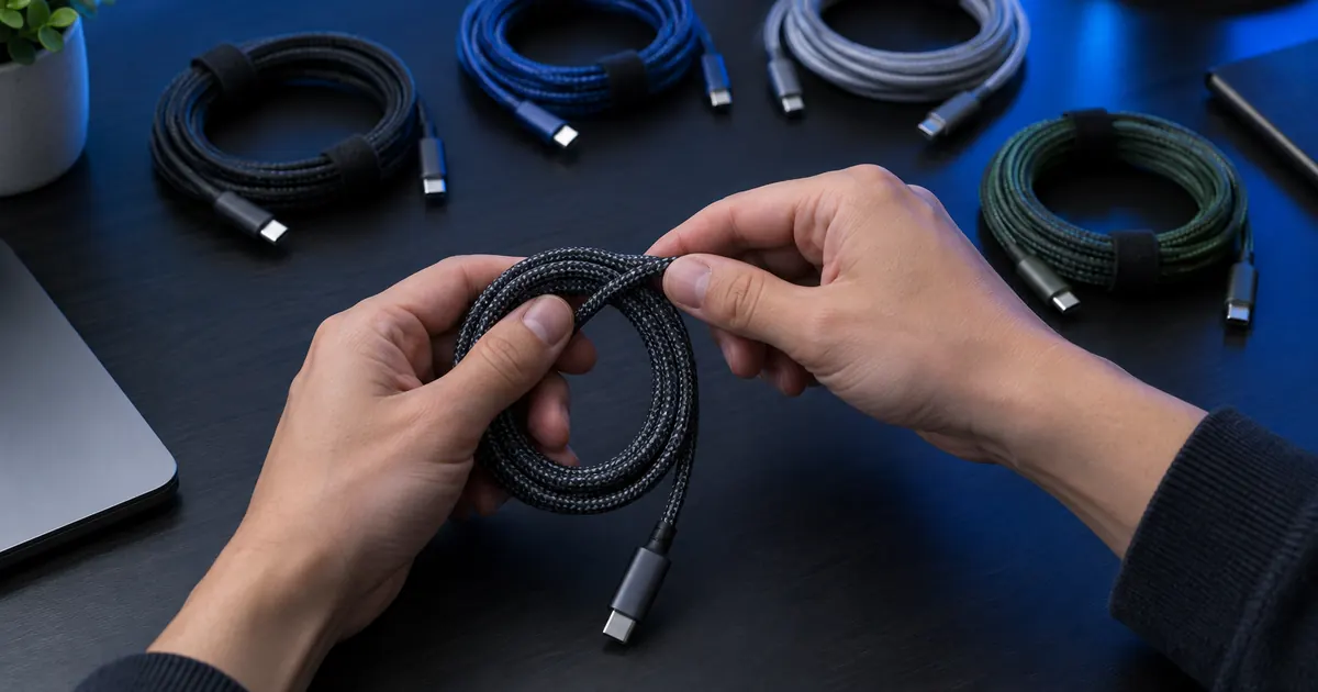 Hands coiling a braided USB-C cable with neatly tied cables and velcro fasteners on a dark desk