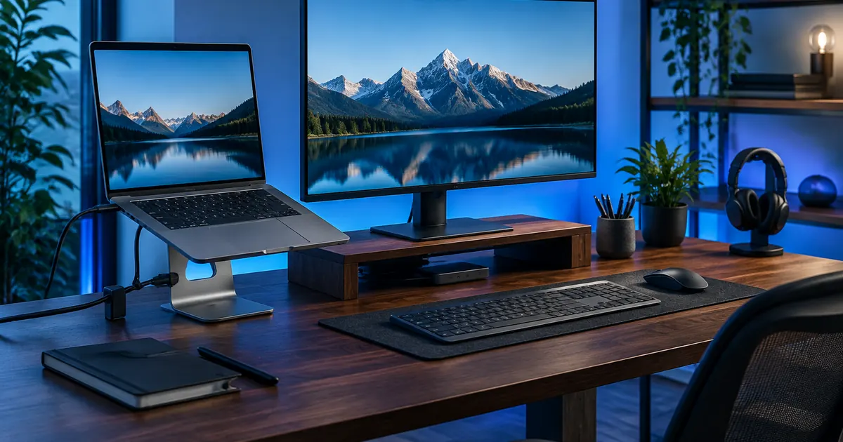 Ergonomic desk setup with laptop on aluminum stand at eye level, monitor on wooden riser and tidy cable management
