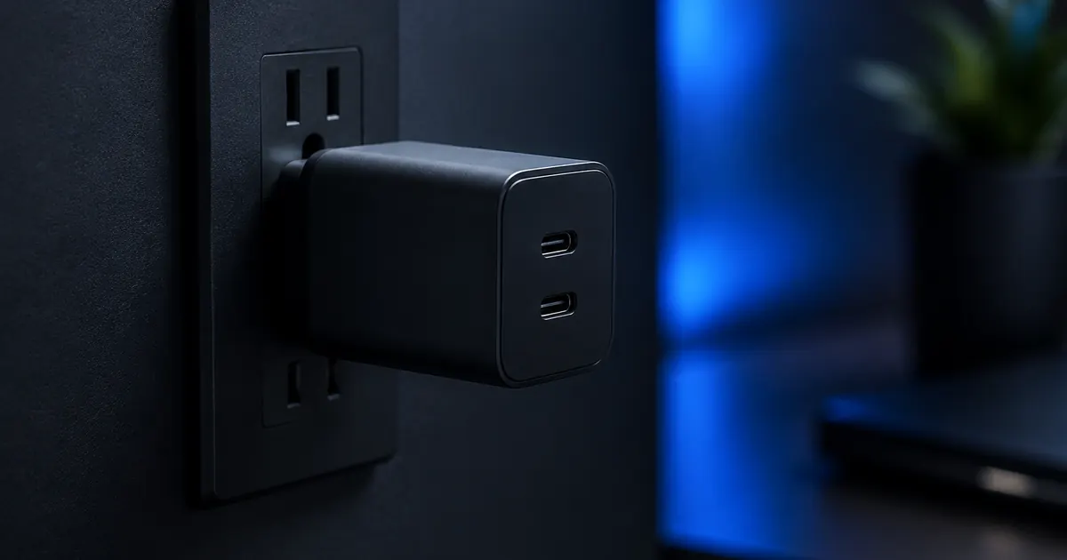 Compact black GaN wall charger with dual USB-C ports plugged into a wall outlet