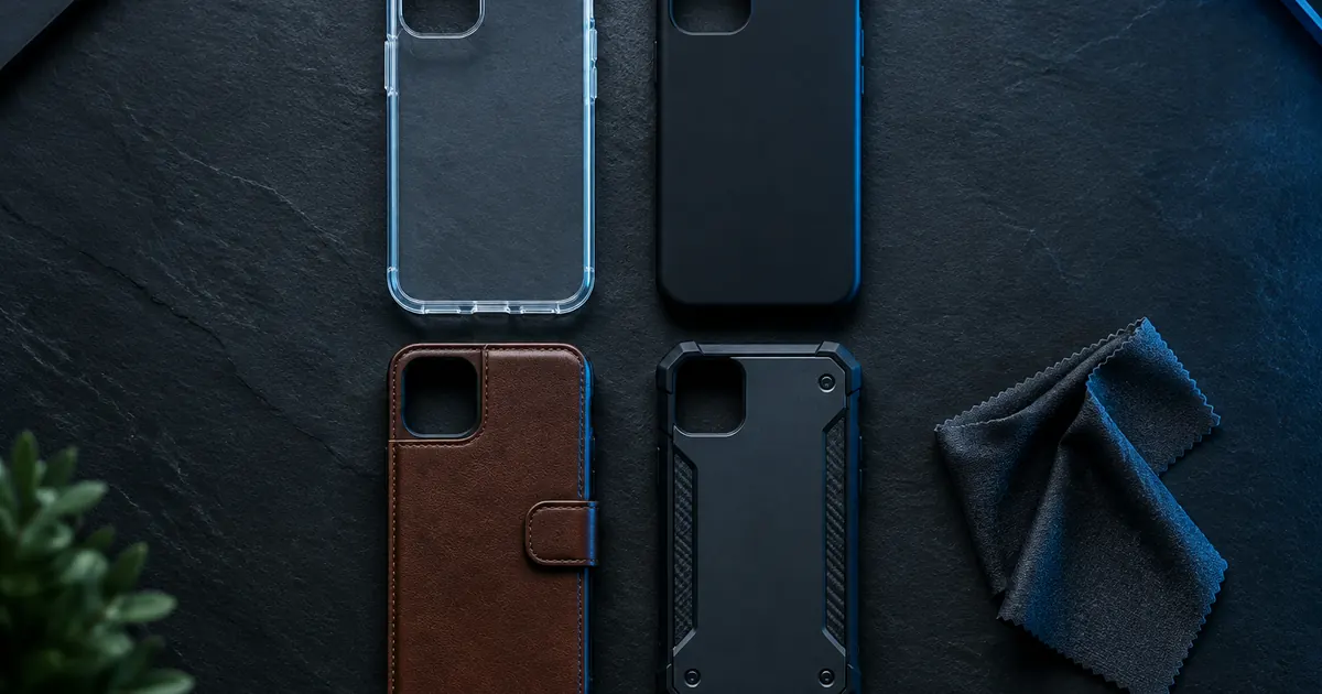 Flat lay of four smartphone cases — clear, matte black, leather wallet and rugged — on a dark surface