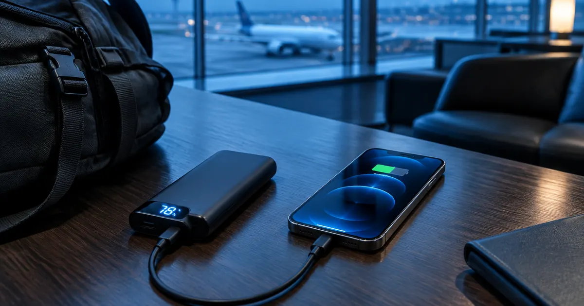 Slim black power bank with digital display charging a phone on a desk beside a travel backpack