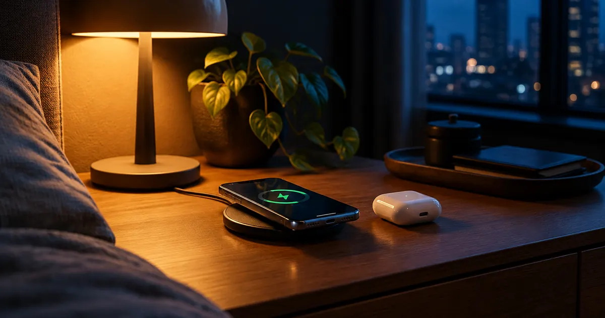 Phone charging on a magnetic wireless pad on a tidy nightstand with warm lamp light