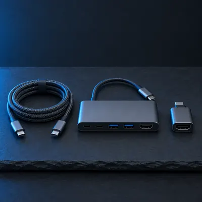 Coiled braided USB-C cables, USB-C hub and HDMI adapter on a dark slate surface