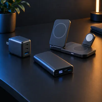 GaN wall charger, power bank with digital display and foldable wireless charging station