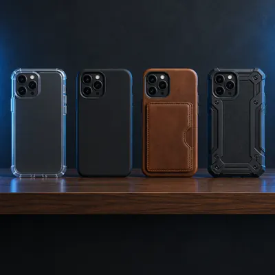 Four smartphone cases — clear, matte black, leather wallet and rugged — on a dark walnut shelf