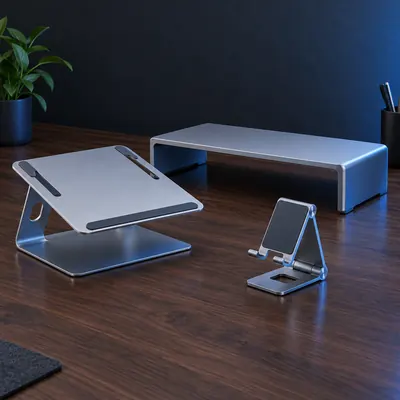 Aluminum laptop stand, monitor riser and foldable phone stand on a dark walnut desk