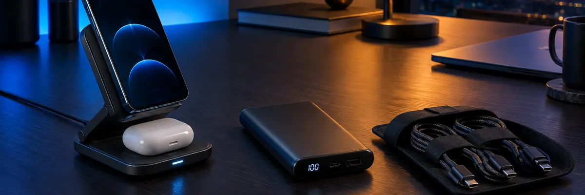 Modern dark desk at dusk with wireless charging station, power bank and braided cables neatly arranged